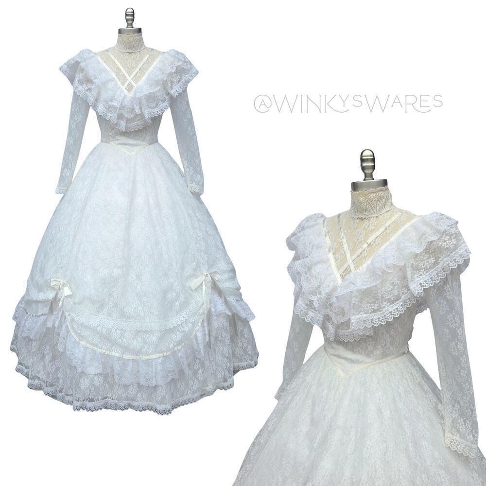 Jessica McClintock Gunne Sax Vintage 80s Lace Wedding Dress Size S 7 Ruffle